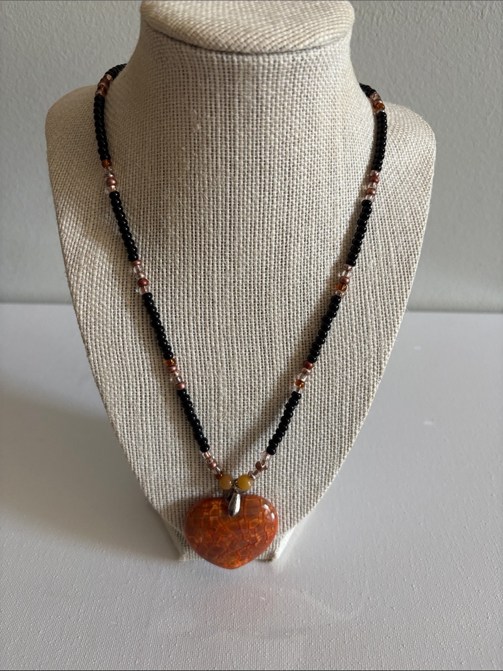 Amber Heart Pendant Necklace with Black Beads